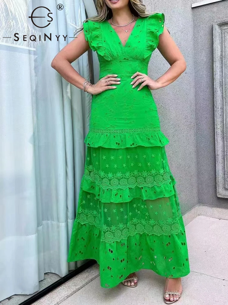 

SEQINYY Elegant Slim Dress Summer Spring New Fashion Design Women Runway Ruffles Vest Embroidery Vintage Flower Midi Sexy