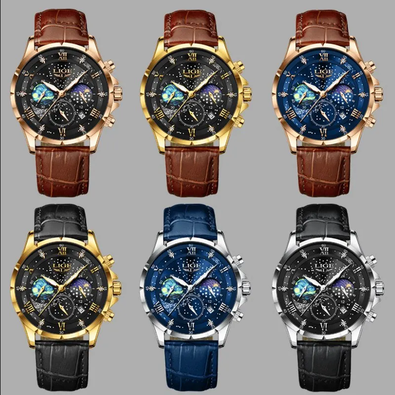 LIGE 2024 Top Luxury Brand Men Genuine Leather Sports Watches Men's Army Military Watch Male Date Quartz Clock Relogio Masculino