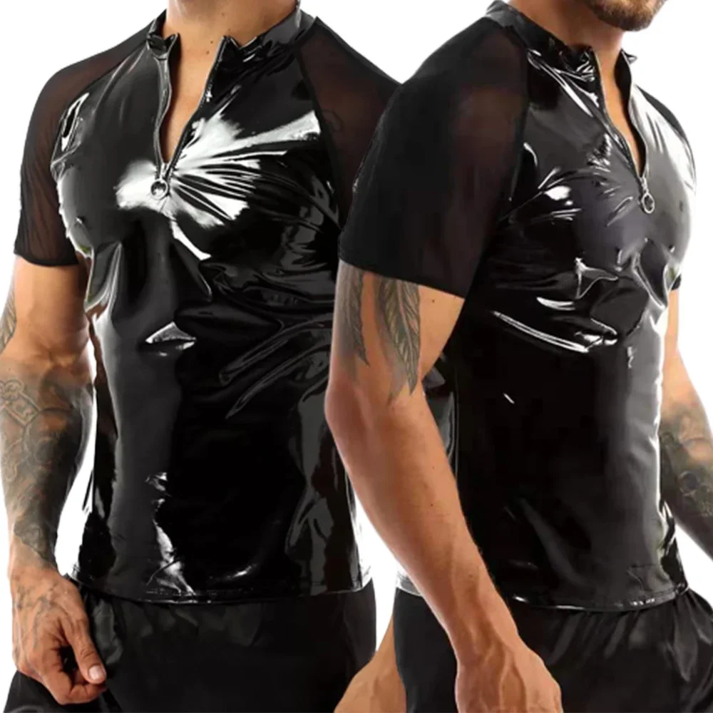 

Men Shiny Leather Zipper Stand Collar T Shirt Mesh Sheer Hipster PVC Leather Tshirt Sexy Short Sleeves Half Front Zip Up T-shirt