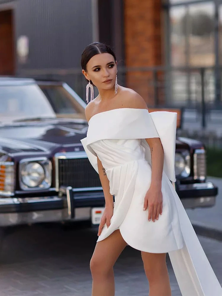 

Verngo Bow Dresses For Prom Off The Shoulder Prom Gown Pleat Mini Evening Dress Sleeveless Backless Wedding Party Dress