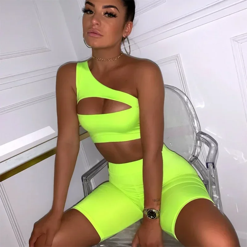 Solid Asymmetrical Two Piece Sets 2023 Women Tracksuit Crop Tops+Elastic Bike Shorts Sporty Matching Suits Casual Female Outfit