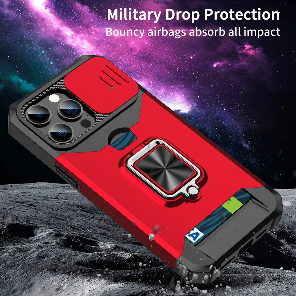 Military-Grade Camera Lens Protection Kickstand Wallet Case with Slide Cover