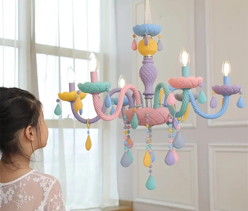 Description Picture 4 of itemModern Macaron Colorful Crystal Chandelier Rainbow Candle Lustres American Girl Princess Children Room Luminaire Light Fixtures