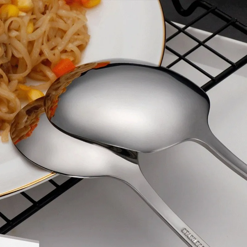 Long Handled Large Stainless Steel Rice Spoon Ergonomic Metal Serving Spoon Kitchen Flatware Salad Dish Utensils stainless steel spoon