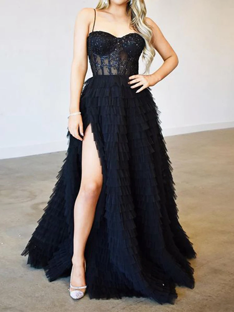 party gown 2022  Navy Blue Tulle Prom Dresses Mermaid Sequines Tiered Formal Evening Gowns Women Party Dresses Robes De Soirée long sleeve evening dresses