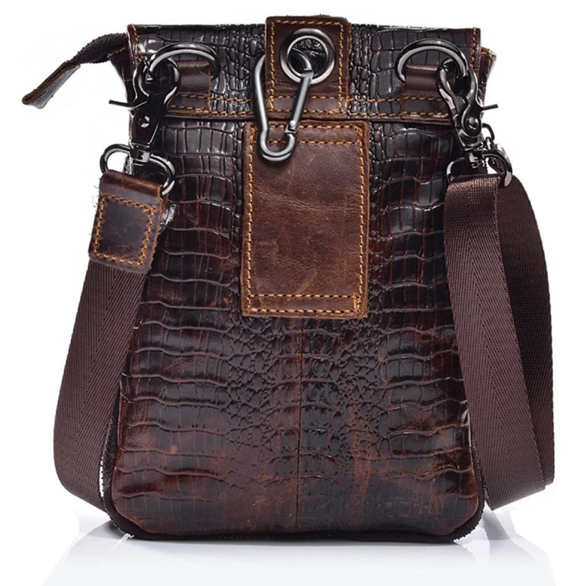 Retro Men's Cowhide Shoulder Bag Crocodile Pattern Crossbody Bag Multifunctional Bum Bag Business Bag