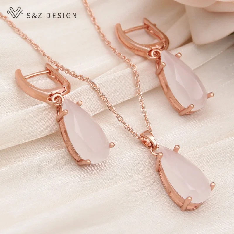 S&Z DESIGN New Stylish Water Drop Cubic Zirconia Dangle Earrings Jewelry Sets For Women Elegant Wedding Pendant Necklace Gift
