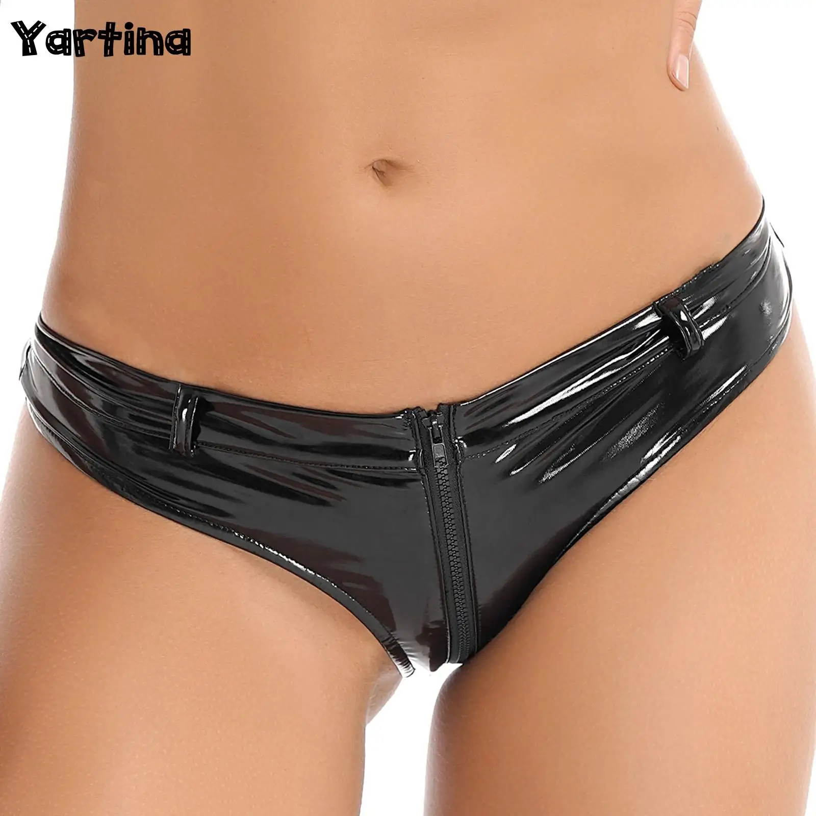 

Womens Lingerie Zipper Crotch Latex Booty Shorts Wet Look Patent Leather Briefs Panties Femme Low Waist Hot Pants Clubwear