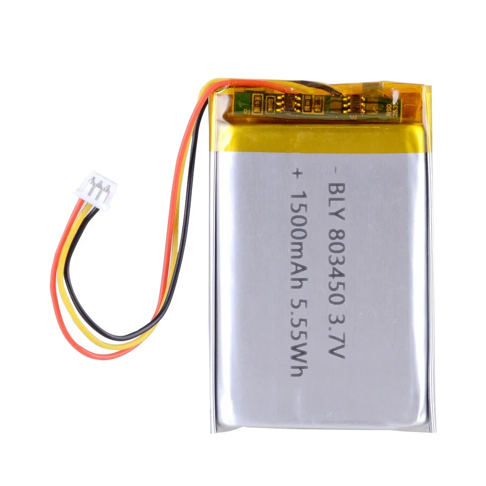 Batterie rechargeable 3,7V 1500mAh 803450 à côté d'une règle pour illustrer sa taille compacte