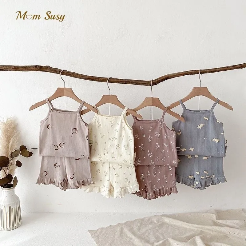 Fashion Baby Girl Cotton Floral Print Clothes Set Strap Vest + Shorts kids clothing set girls clothing set 2PCS Infant Toddler Child Summer Homesuit Baby Clothes 1-10Y