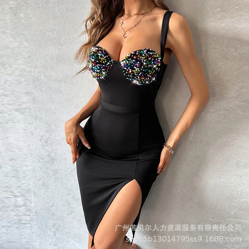 

2024 Spring Summer New Women's Solid Color Sequin Spaghetti Straps Sleeveless Split Party Skirt