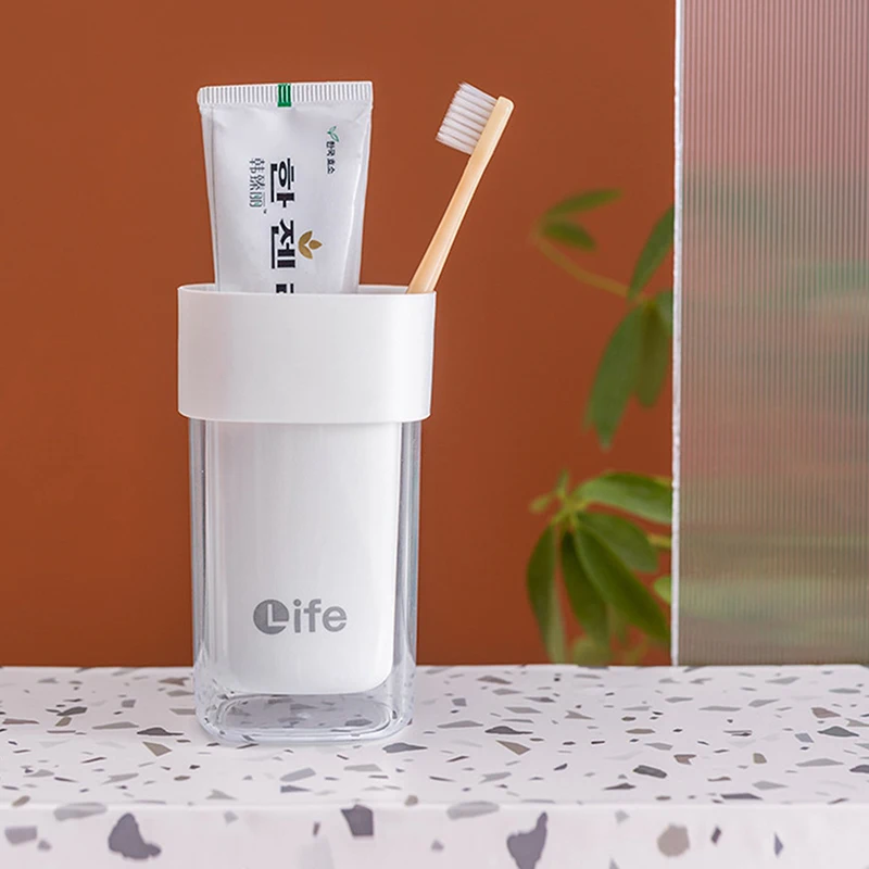 모던 미니멀리스트 더블 레이어 구강 세척 머그잔, 여행용 컵, 휴대용 칫솔, 정리함 치아 유리 욕실 텀블러