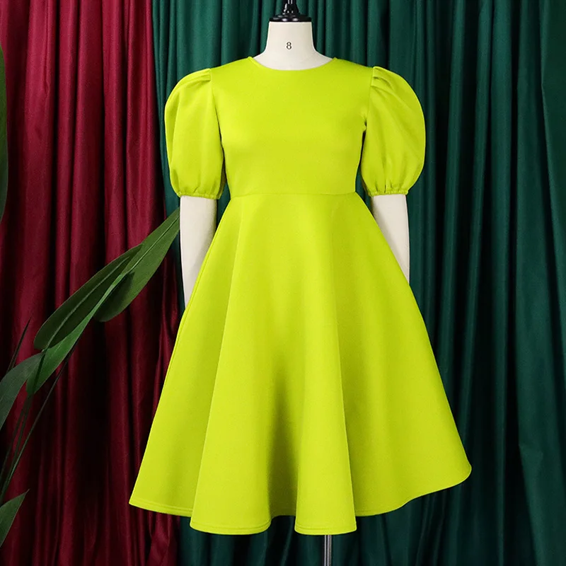 Spring Autumn Casual Solid Color Pullover A-line Skirt Fashion Round Neck Pleated Puff Short Sleeve Zipper Plus Size Midi Dress