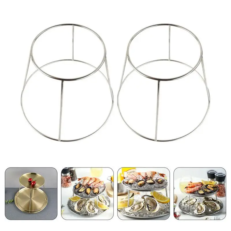 Tray Rack Stand 2-Piece Set  Holder Food Serving Riser Seafood Pizza Platters Plate Metal Display Storage Platter Dish Steel Stainless Round Stands in silver