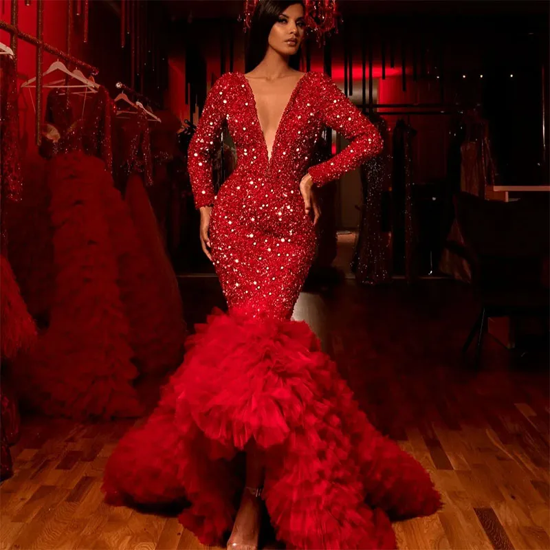 

Luxury Red Glitter Elegant Mermaid Evening Dresses V-Neck Long Sleeves Sequins Shiny Women Prom Pageant Party Gowns 2024
