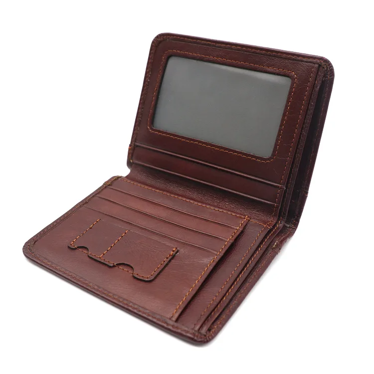 New Oil Wax Leather Short Wallet Brown RFID Vertical Plain Skin Mobile Phone Card Memory Card Bit Money Clip