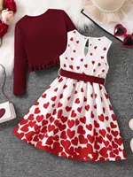 Ensemble deux pièces décontracté et mignon pour filles, gilet rouge, jupe florale en forme de cœur, tenue à la mode pour filles, printemps automne 2