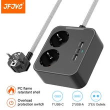 

JFJVC EU Plug Outlets Expander Socket Extension Electrical Power Strip With USB Type C PD Fast Charging Network Filter Adapter