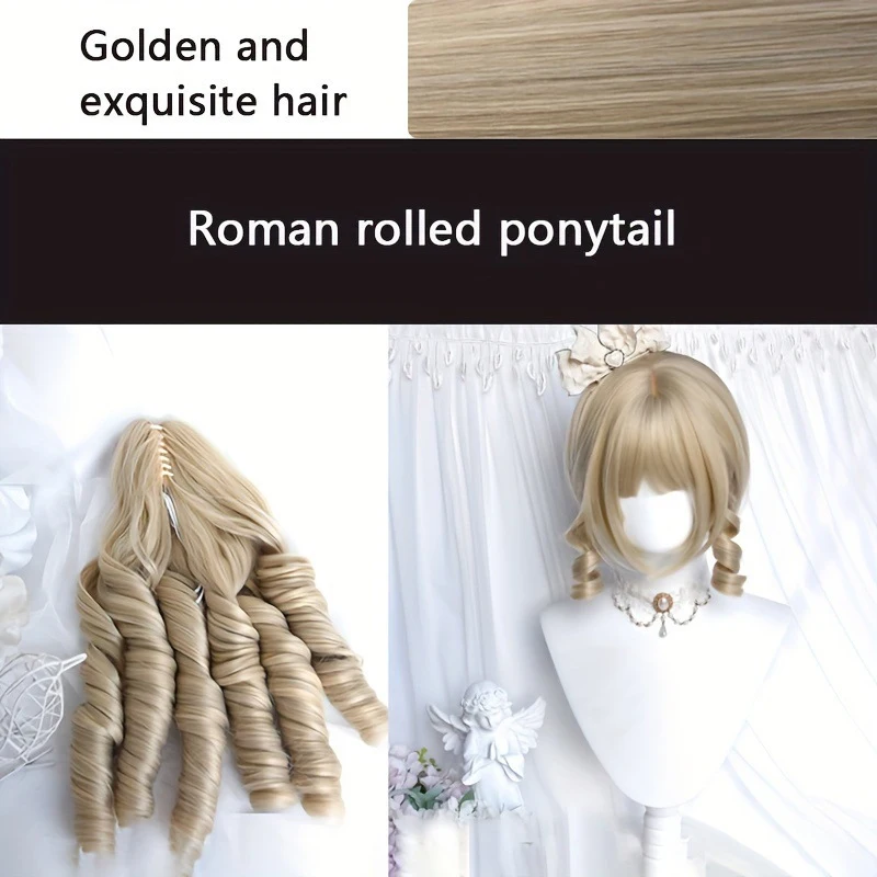 LUPU Roman Curl Wig Champagne Gold Lolita Sweet Girl Double Ponytail Cosplay Natural Simulation Full Wig Hairpiece