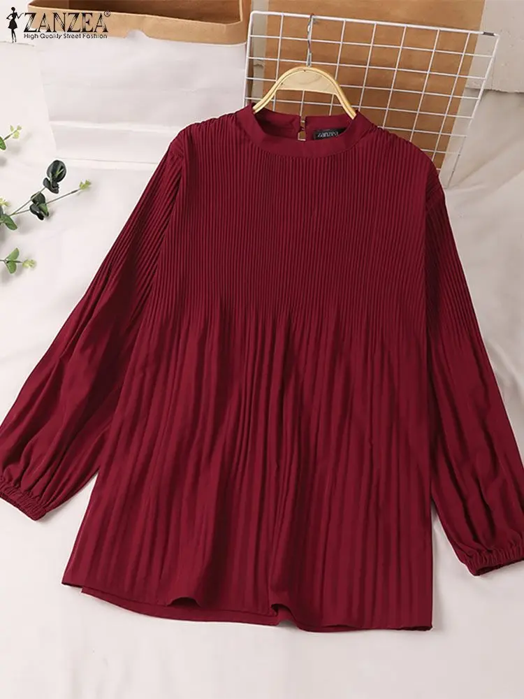 Long sleeve pleated blouses for women, solid color tunic tops, round neck, Islamic and modest fashion, casual and trendy, autumn.