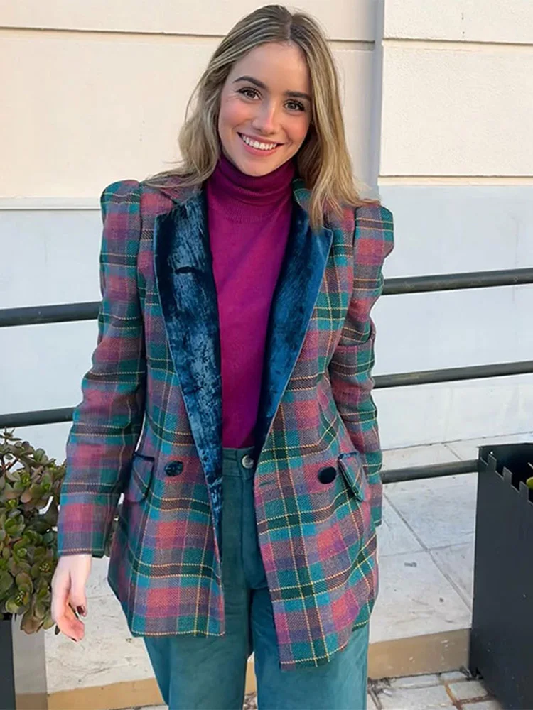 여성용 컬러 블로킹 포켓 재킷, 우아한 긴 소매 턴다운 칼라 블레이저 코트, 세련된 하이 스트리트웨어, 패션, 2024 용수철 