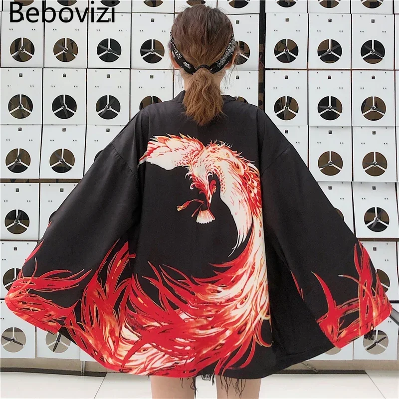 Japanese Kimono Japanese Kimono Cardigan Bebovizi Japanese Style Flaming Phenix Print Cardigan Kimono Harajuku Women Men Sexy Yukata Female Streetwear Traditional Haori