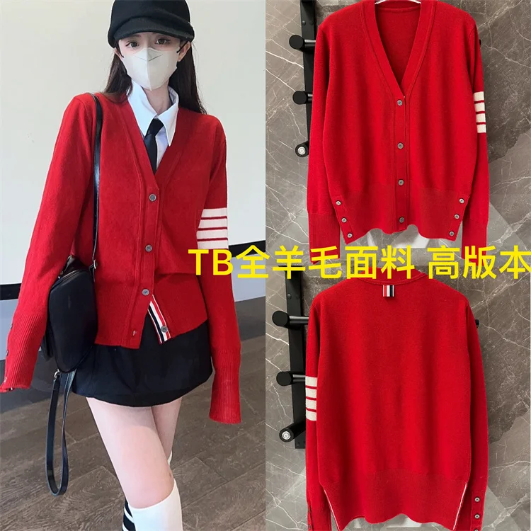 

In Stock 2023 Autumn Winter Tb Coat Christmas New Year V-neck Single-breasted Full Wool Knitted Red Cardigan Coat