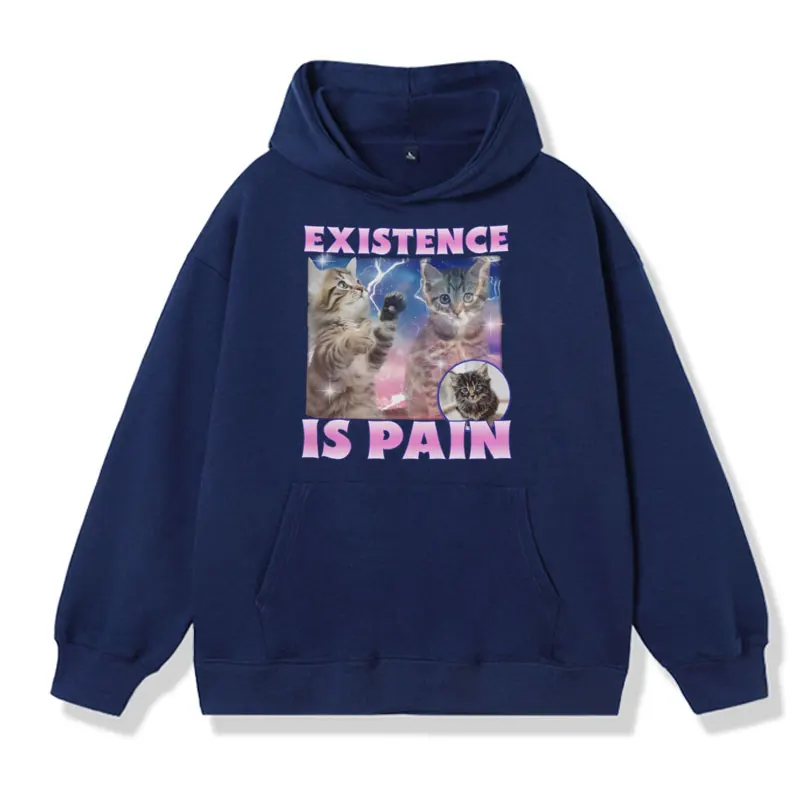 Existence Ls Pain Funny Cat Printed Hoodie Male Fashion Sweatshirt Autumn and Winter Oversized Long Sleeve Fleece Pullover Men