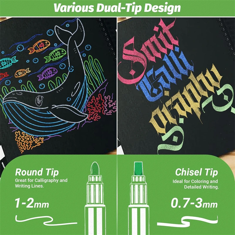 Metallic Markers 12 Colors Dual Tip Chisel & Round Tip Scrapbook Markers Pens for Black Paper DIY Arts & Crafts Wood Glass