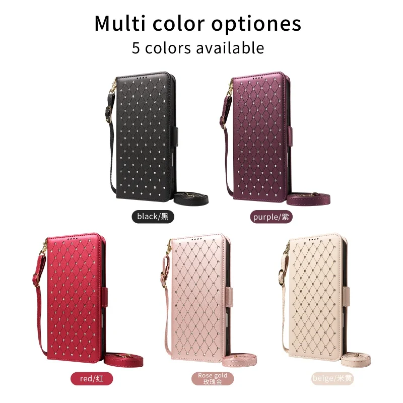 Sparkling Fragrance Leather Wallet Phone Case with Lanyard and Card Holder