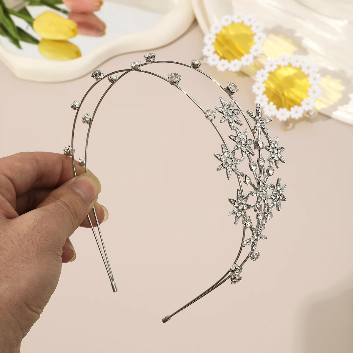 1pc New Double Layer Metal Hairband Snowflake Star Headband Women Headwear Shiny Rhinestone Hair Band Hoop Hair Accessories