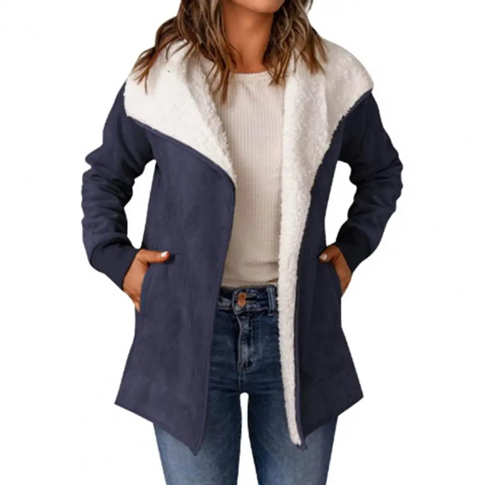 

Fall Winter Coat Thick Plush Lapel Long Sleeve Solid Color Warm Loose Open Stitch Pockets Elastic Cuff Mid Length Lady Jacket