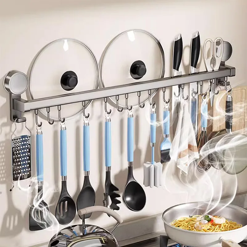 Suction Cup Kitchen Hanging Rack with Sliding Hooks Wall Mount Cooking Tool Utensils Hanger Knife Spoon Movable Hanging Shelf