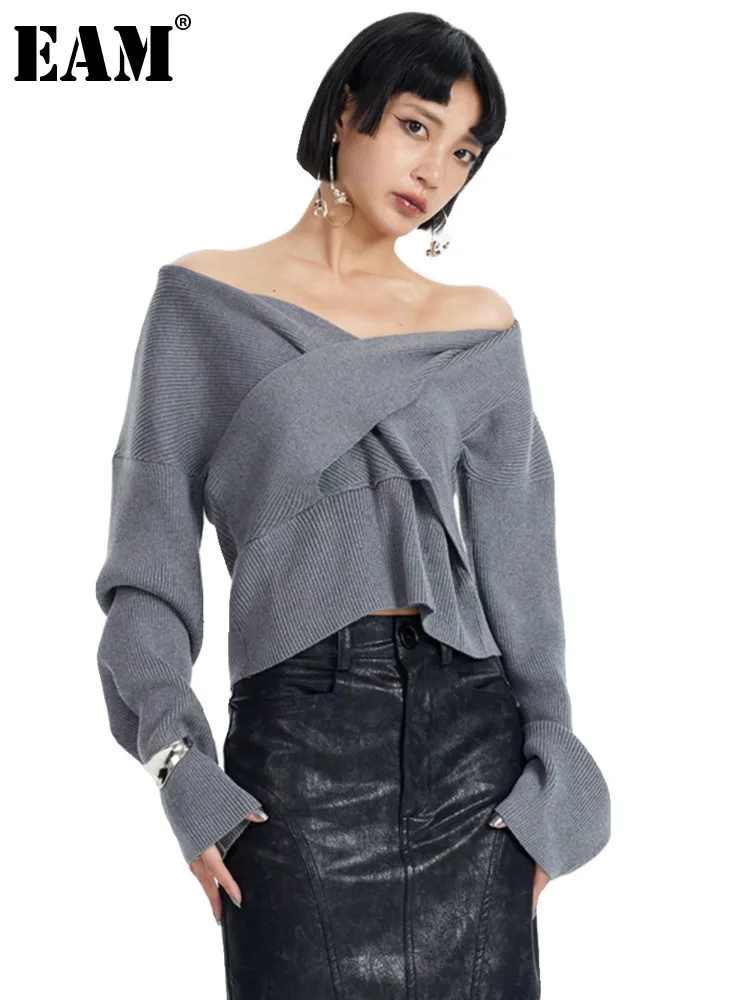 

[EAM] Gray Cross Big Size Knitting Sweater V-Neck Long Sleeve Women Pullovers New Fashion Tide Spring Autumn 2024 1DH2844