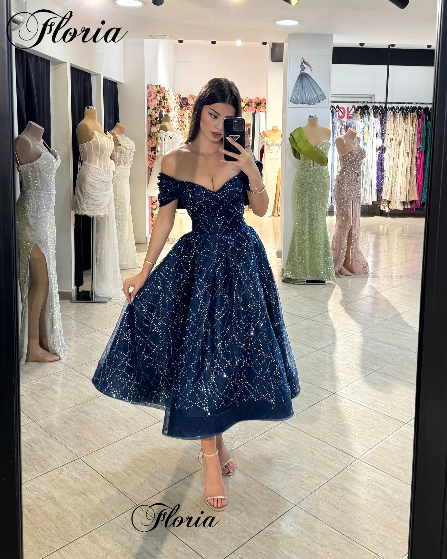 Cocktail Dress Navy Blue Tea-Length A-Line Sweetheart Backless Prom Dresses Birthday Party Gowns