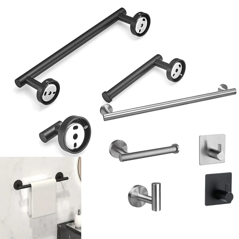 

Robe Hook Towel Rail Bar RackRound Black Stainless Steel Shelf Tissue toilet Paper Holder DIY Bathroom Accessories N6