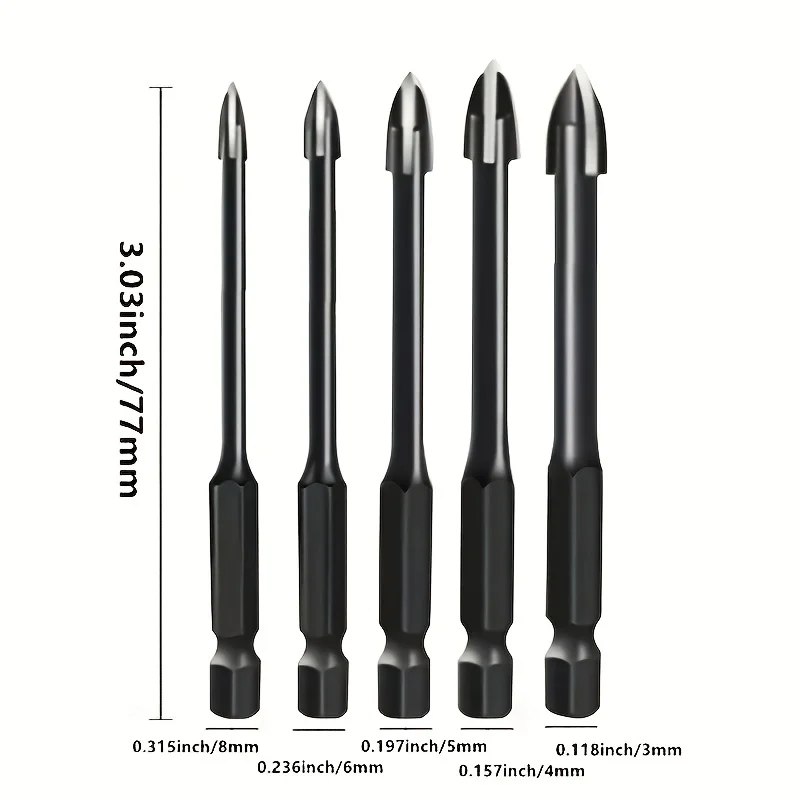 5pc Multi-Material Drill Bit Set Hex Shank Anti-Corrosion Glass/Ceramic/Wood