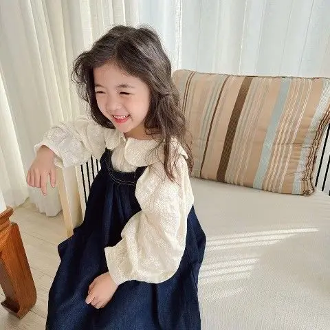 

Girl Dress Suit 2023 New Spring Korean Fashion Style Doll Collar Shirt Long Jean Skirt Baby Girl Long Sleeve Top Two Piece Suit