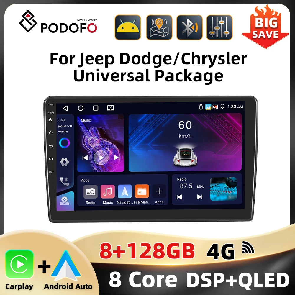 Podofo 10.1 ''2Din Radio samochodowe dla Jeep Dodge/Chrysler odtwarzacz multimedialny 8 + 128G Carplay Android samochodowy Bluetooth GPS WIFI samochodowy sprzęt Audio
