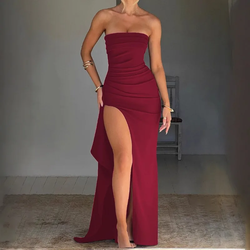 Spring and Summer New Women's Tube Top Solid Color Dress Fashionable and Sexy Sleeveless Slim Waist High Split Evening Dress