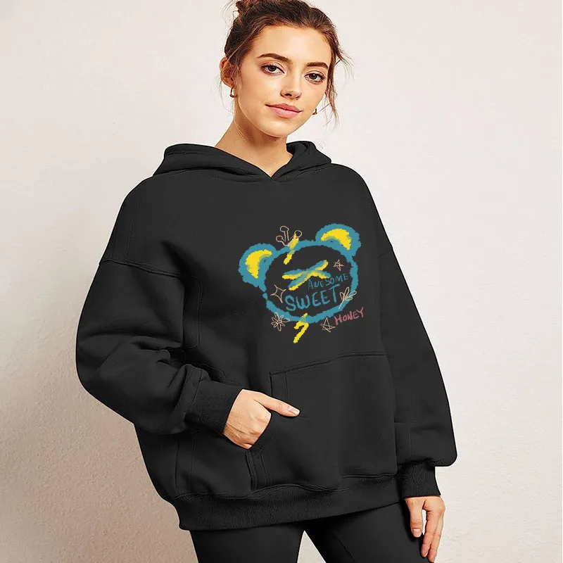 YRYT Women's Hoodies Blue Bear Print Drawstring Vintage Drop Shoulder Sweatshirt Thermal Long Sleeve Pullover Sweatshirt