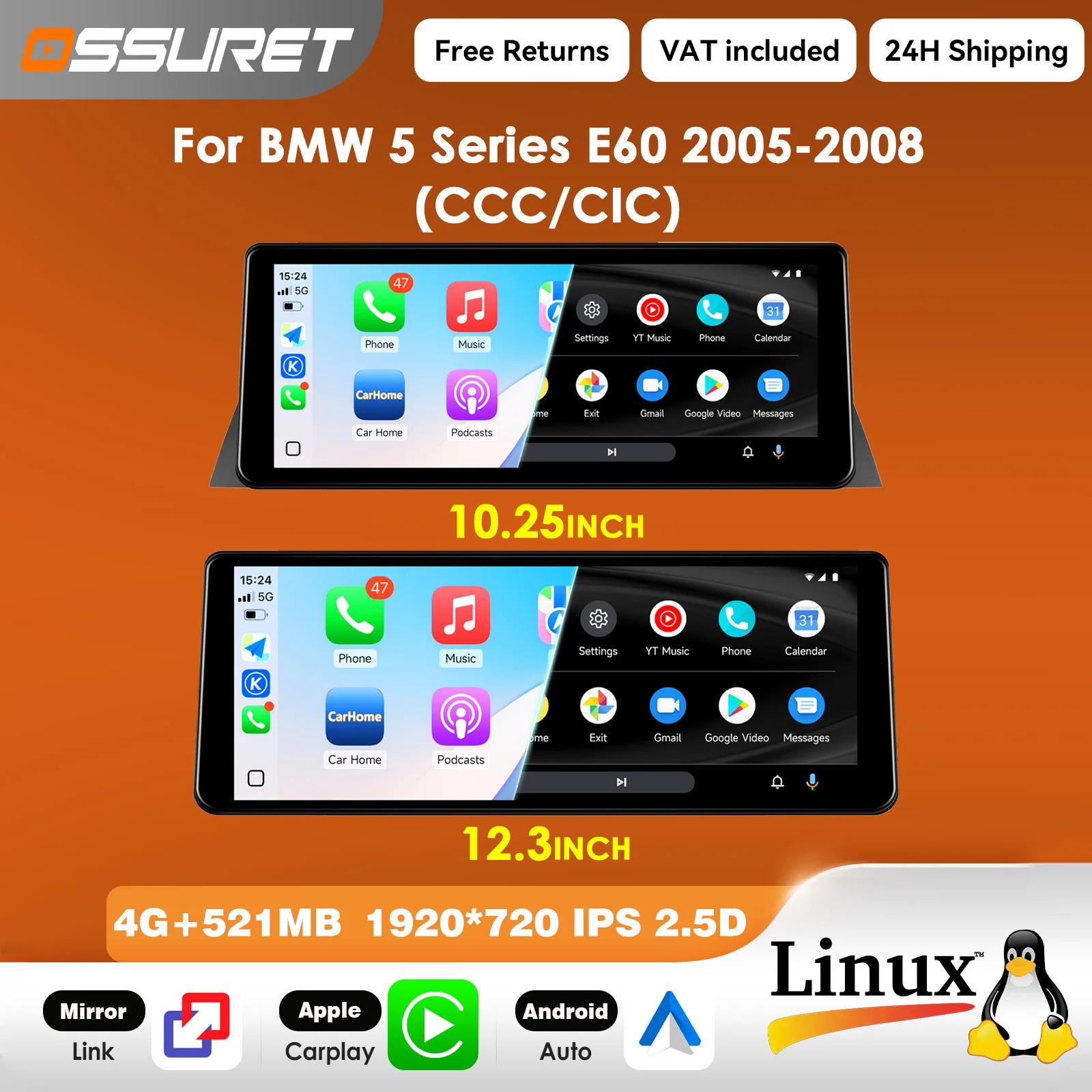 Radio para Auto con Carplay Linux 5.4, 1920*720, para BMW Serie 5 E60 2005-2010, Reproductor Multimedia de Video CCC CIC, T113-i, Doble Núcleo, USB, BT, Mirror Link, Unidad Principal de 10.25/12.3 Pulgadas 1