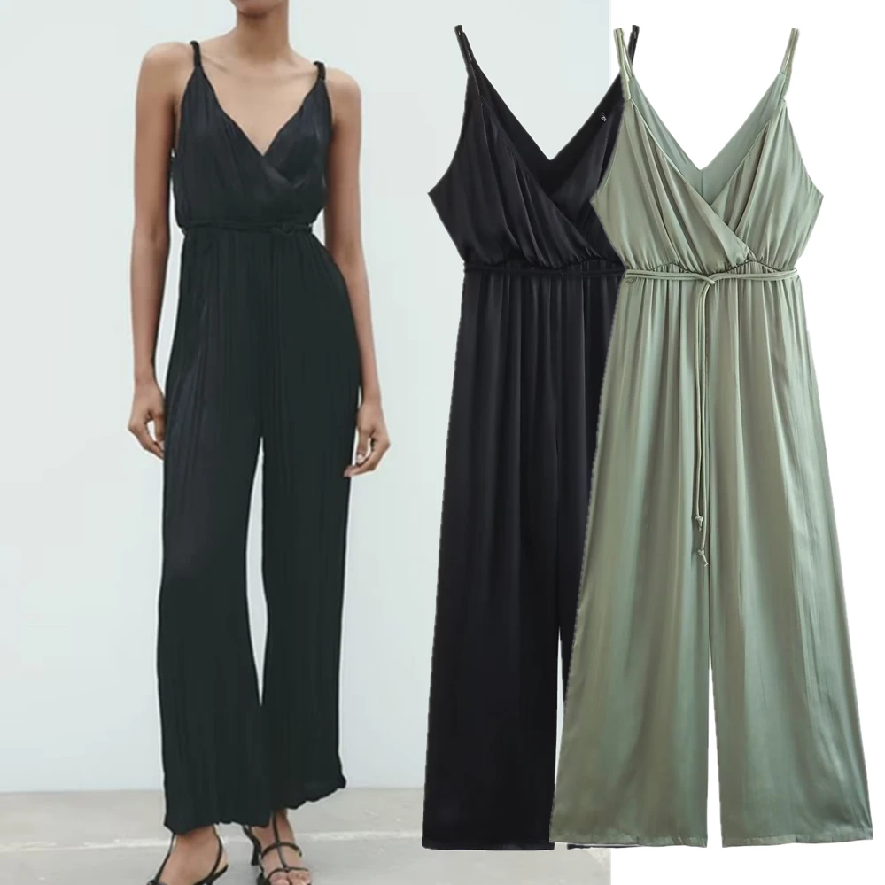 Withered Fashion Ladies French Simple Solid Satin Pleated Camisole Jumpsuit Women Overalls summer women pleated one line collar long sleeved casual ruffled jumpsuit ladies high waist french shorts one piece suit rompers