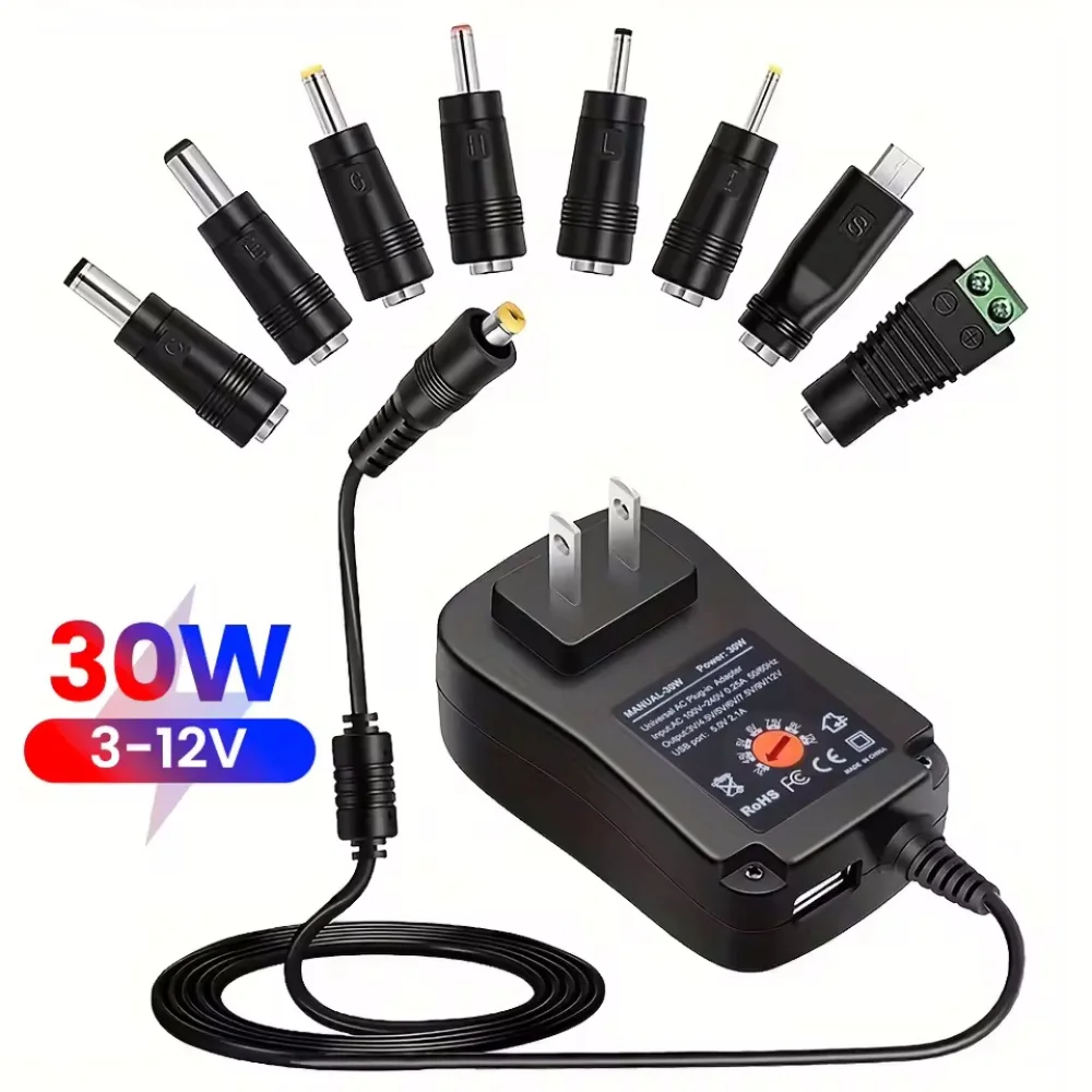 Universal Adjustable Power Adapter and Charger - Multi-Voltage 30W USB 2.1A