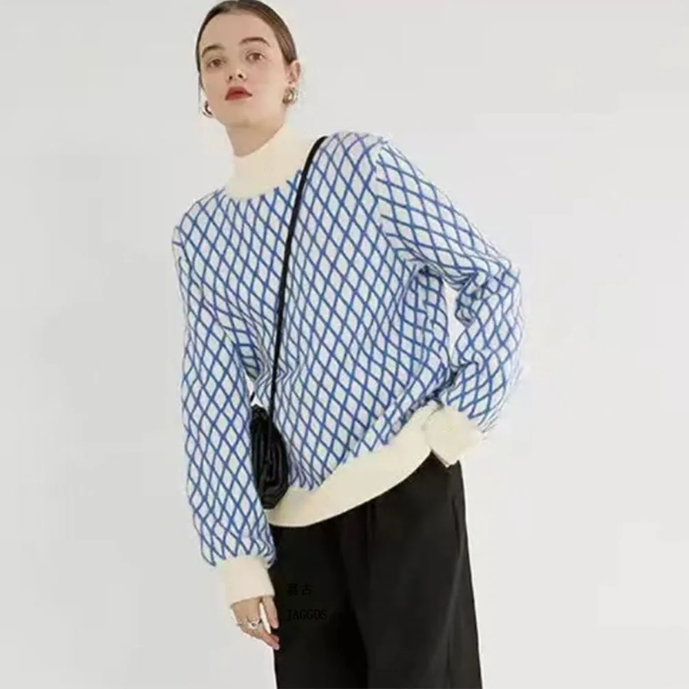 Suéter de punto a rayas para mujer, moderno, ajustado, holgado, de cuello alto, para otoño, deportivo, informal, 2025