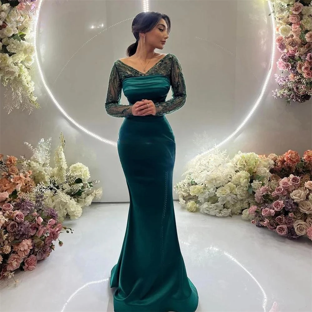 

Dark Slate Gray Glitter Mermaid Evening Dresses Lace V-Neck Sparkly Prom Dress Solid Elastic Customize To Measures Saudi Arabic