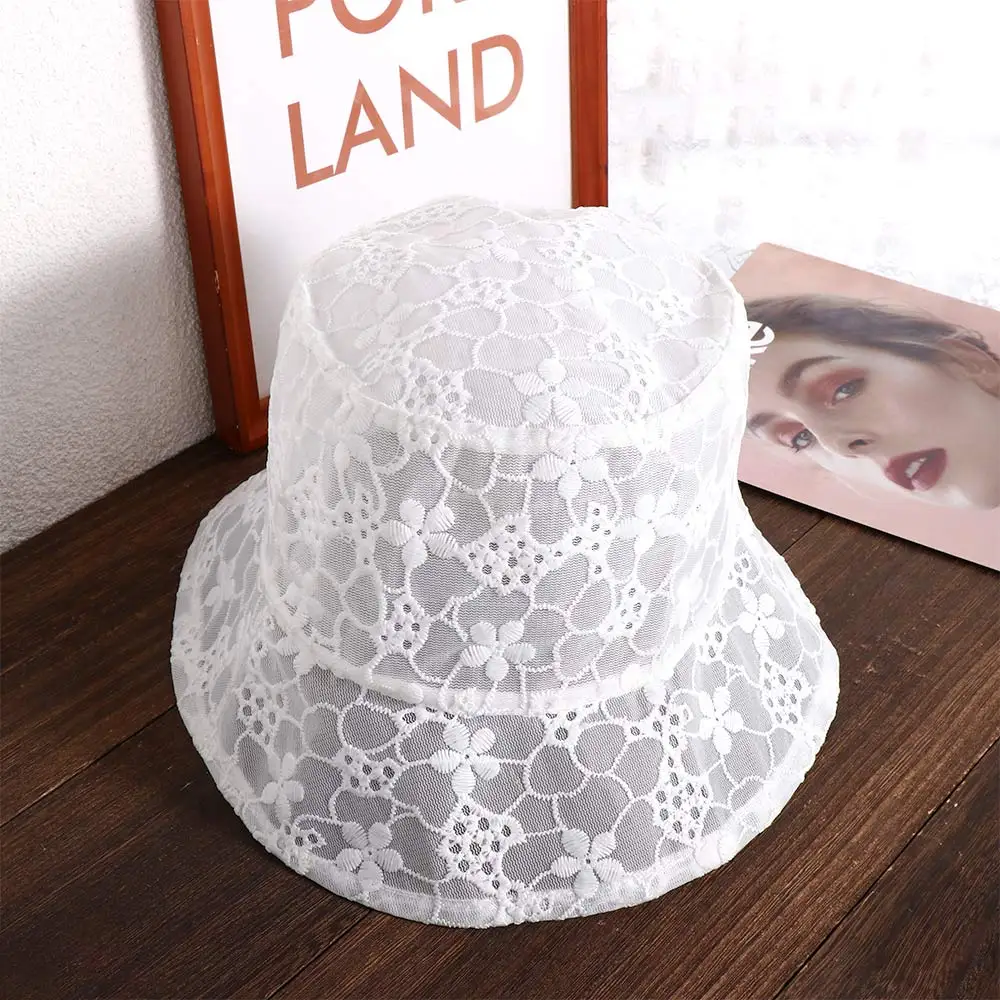 Women Bucket Hat Summer Lace Bucket Hats Female Vintage Mesh Thin Breathable Flower Hollow Sun Hat Sunscreen