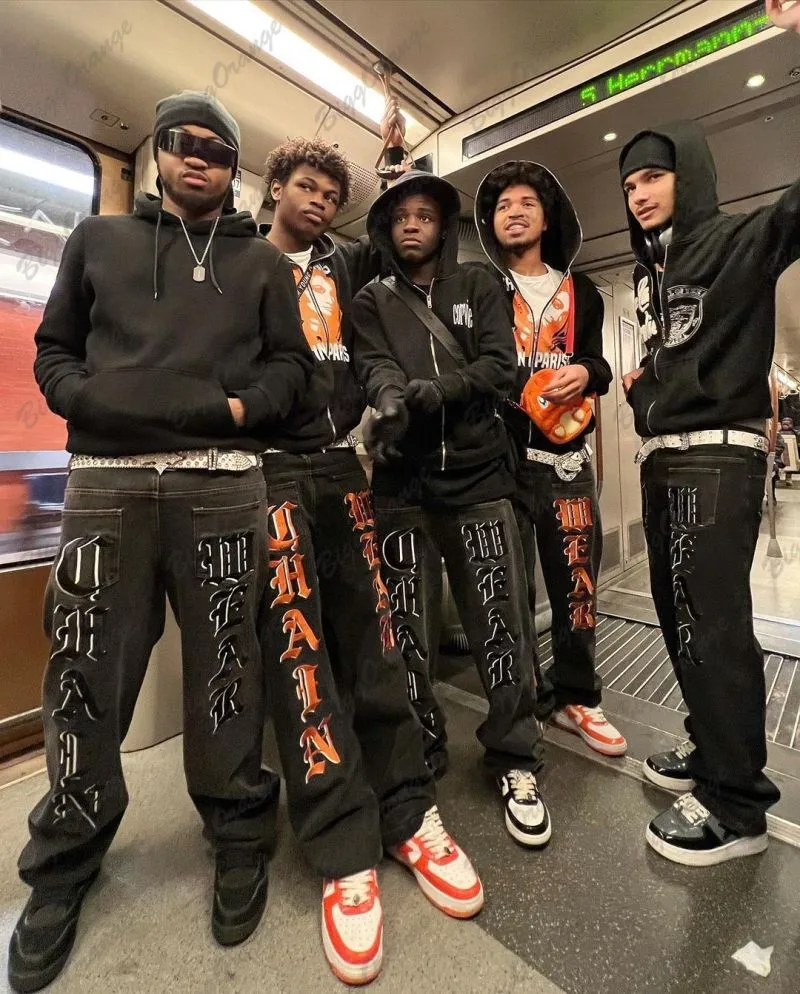 Orange text high quality trousers text embroidery print decorative jeans punk punk pants streetwear men's pants y2k clothing