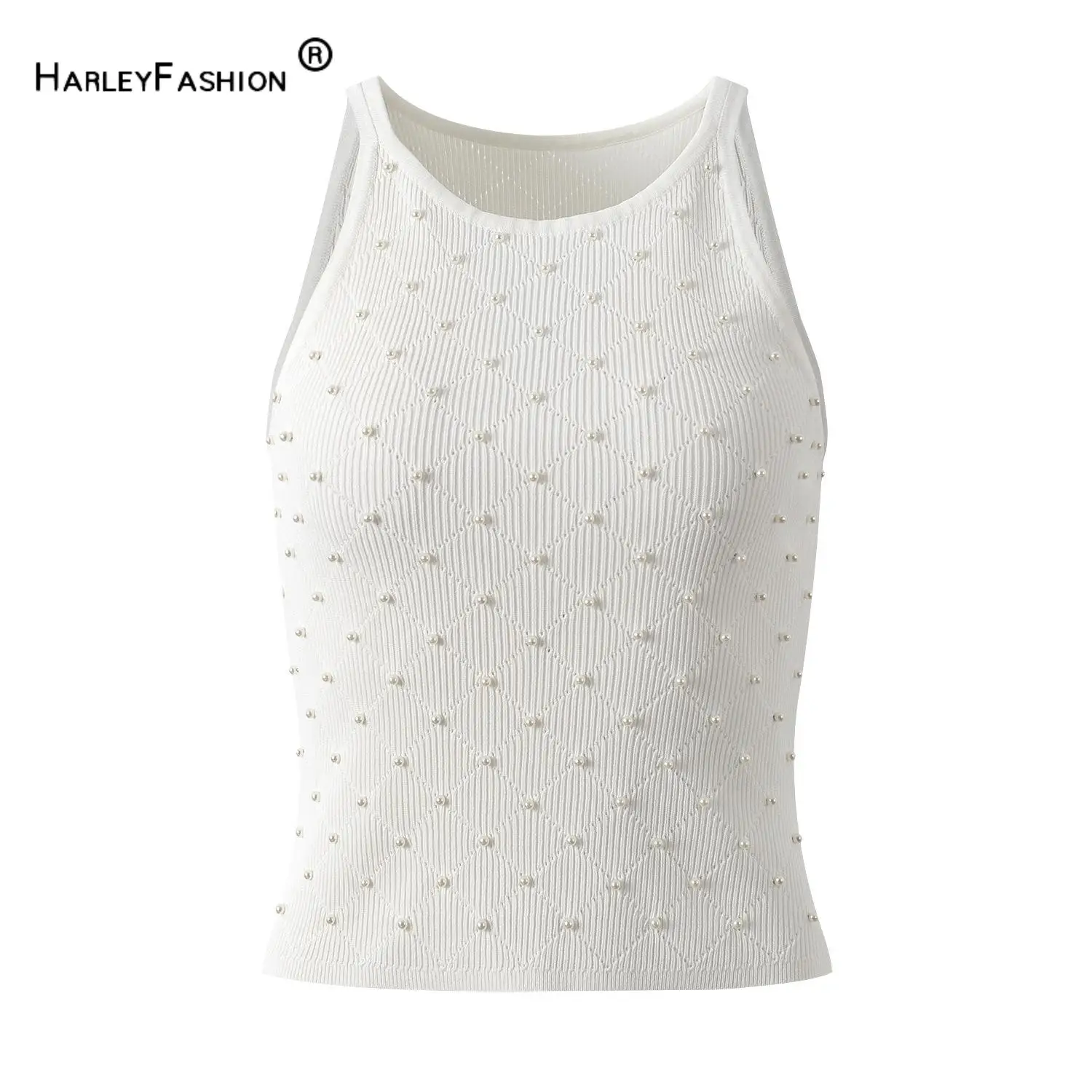 New Arrival 2024 Summer Lady Fine Workmanship Beading Round Collar Sleeveless Tops Women Pullover Slim Solid Knits Shirts