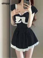 Circyy Bow Swimming Suit Women Swimwear Sweet Girl Spliced Ruffle Lace Up Chic Fashion One Piece Bodysuit Swimsuit Bathing Dress